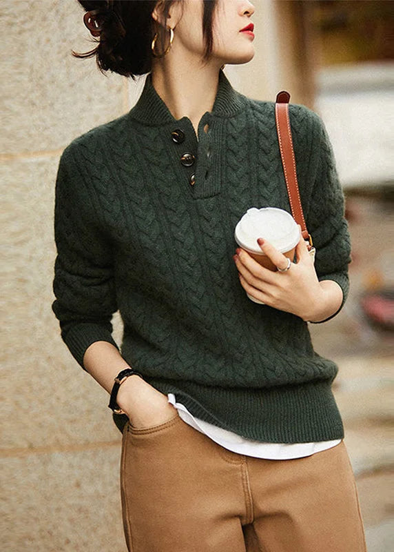 Warm Women's Thick Knit Sweater with Button Collar