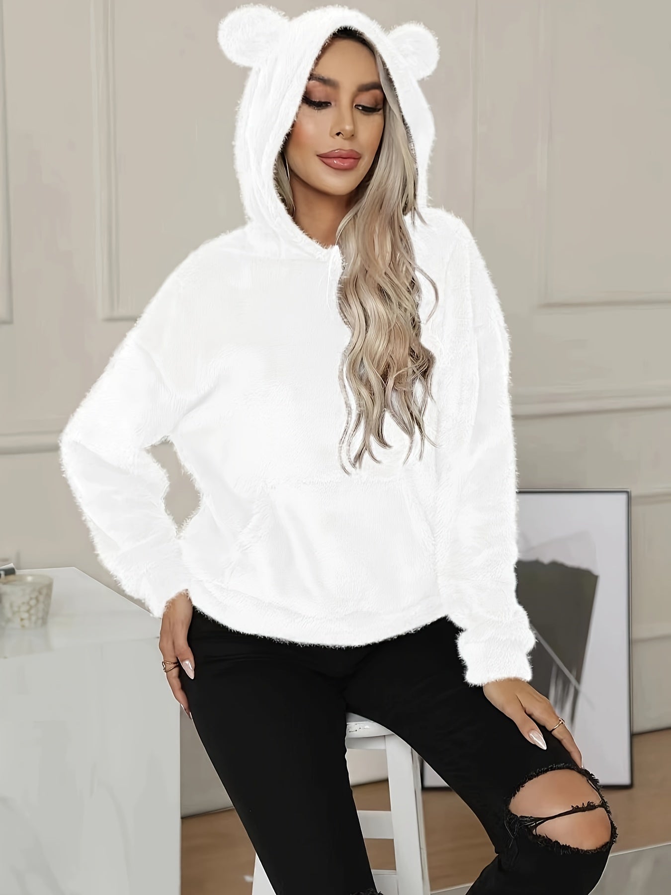 Cozy Women's Fleece Hooded Sweatshirt with Bear Ears Pocket