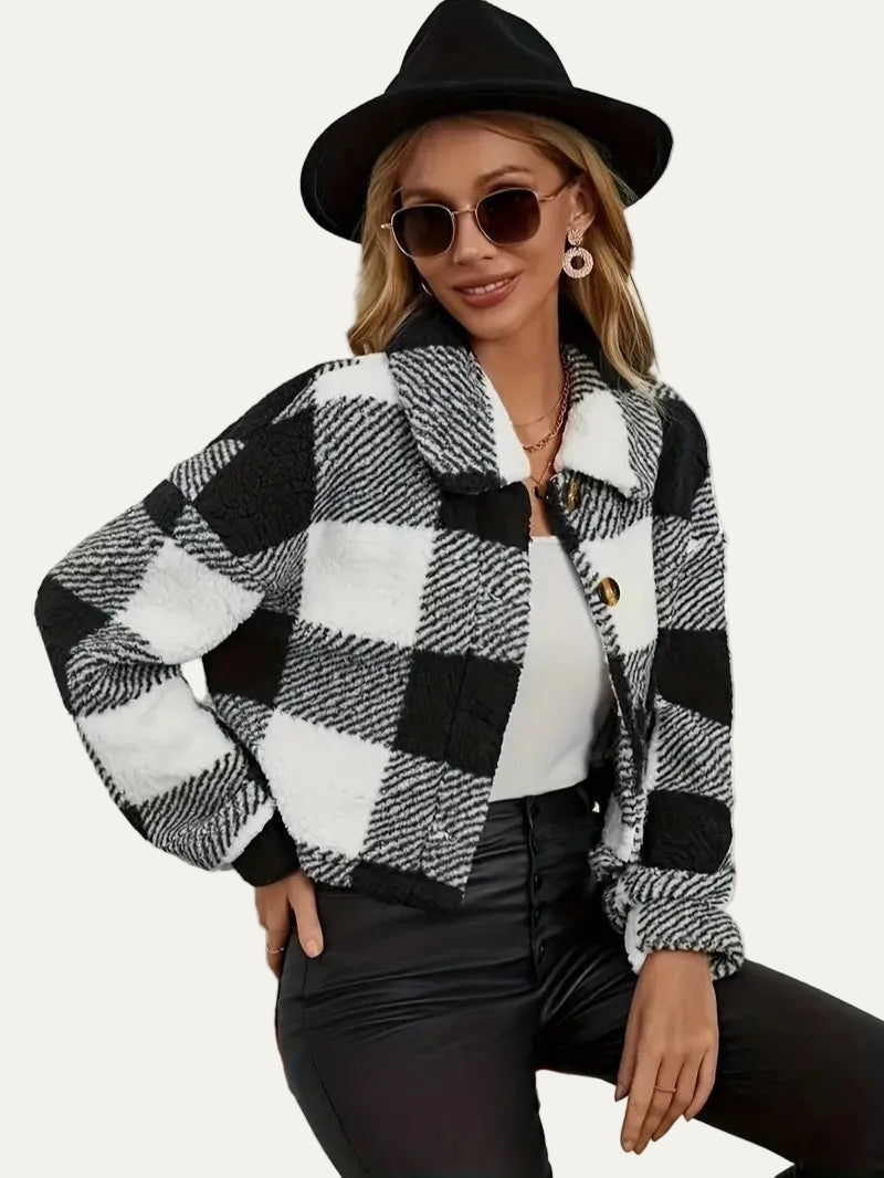 VogeLuxe | Women’s Cozy Plaid Cropped Sherpa Button Front Jacket