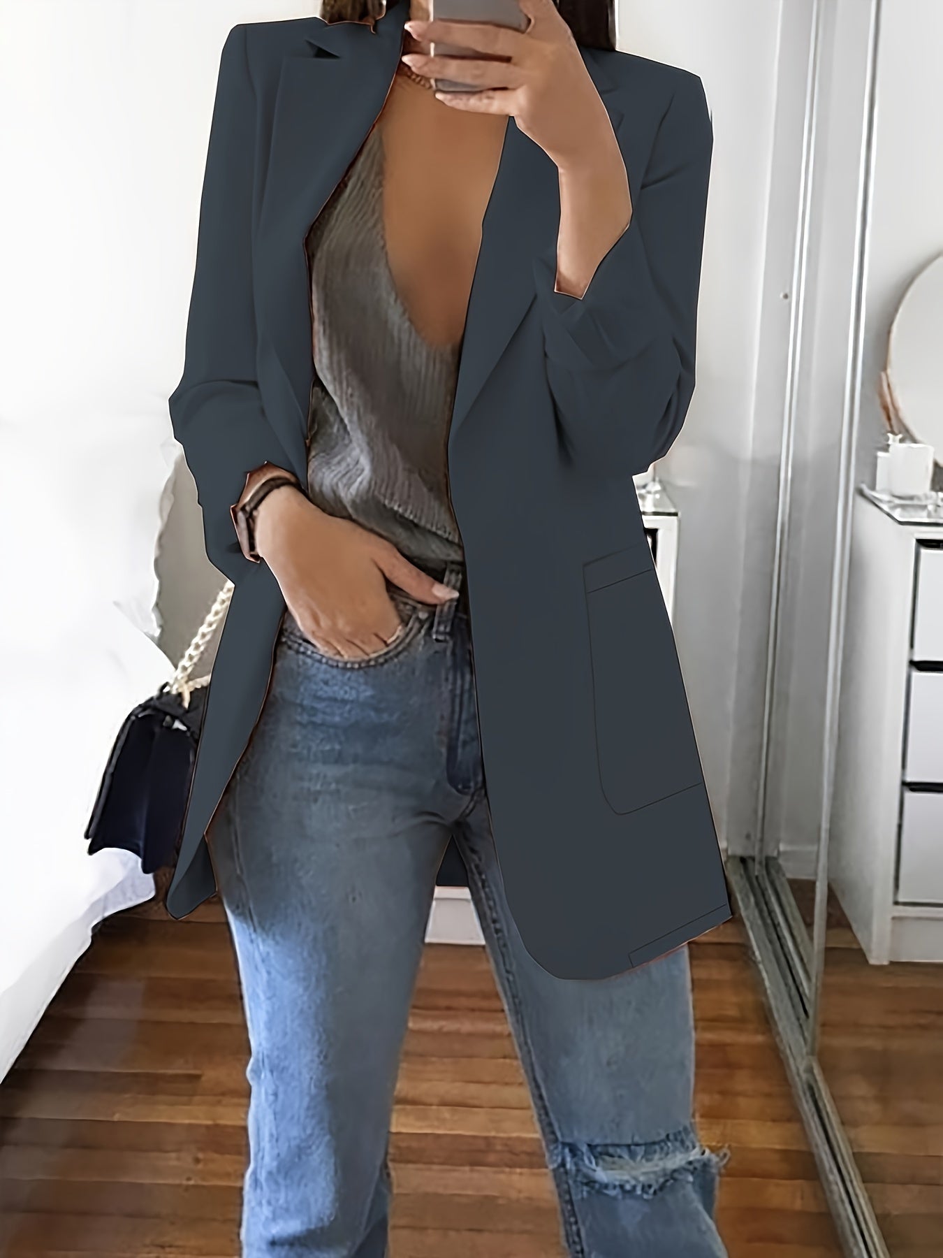 Classic Women's Formal Solid Blazer with Notched Lapel