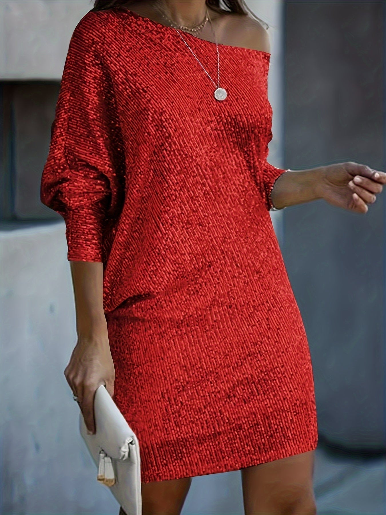 Elegant Glitter V-Neck Long Sleeve Evening Dress for Women