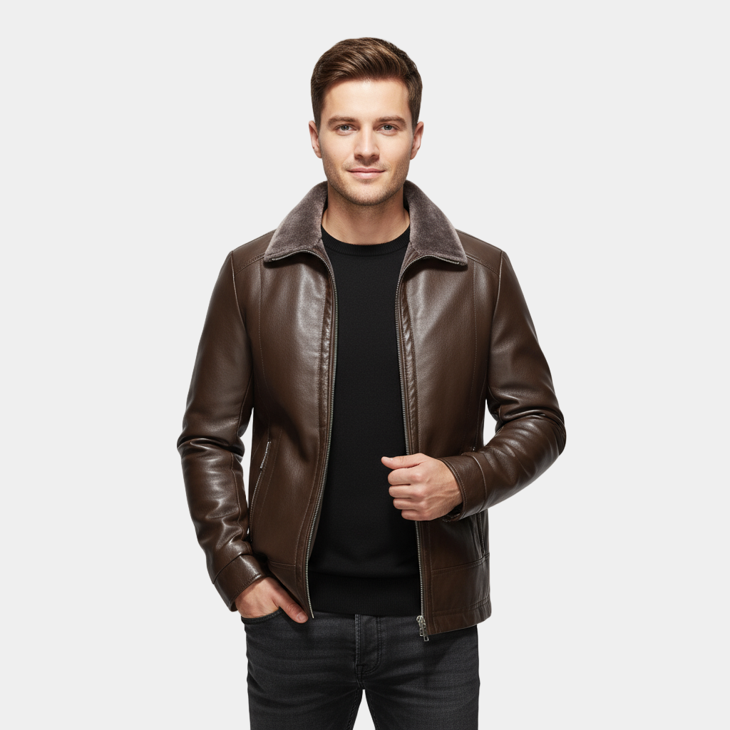 Men's Faux Leather Jacket with Sheepskin Collar