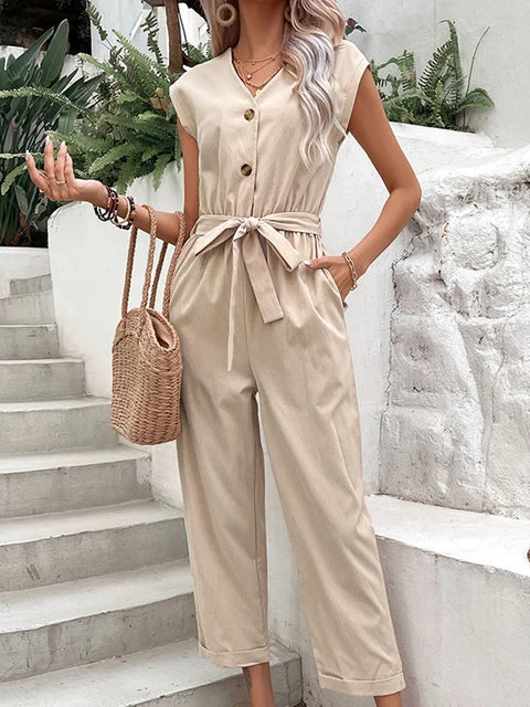 Summer V-Neck Jumpsuit for Women with Belt