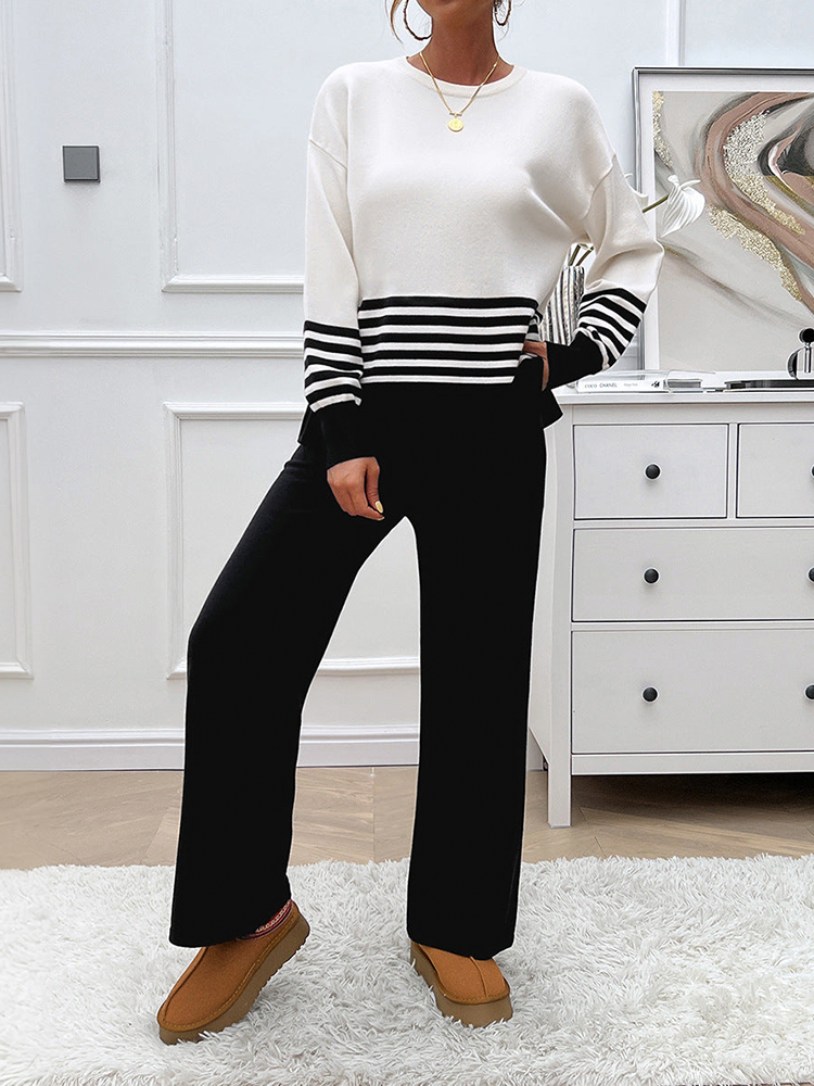 Comfortable Casual Striped Blouse and Pants Set