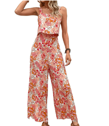 Summer Floral Two Piece Crop Top Pants Set - VogeLuxe