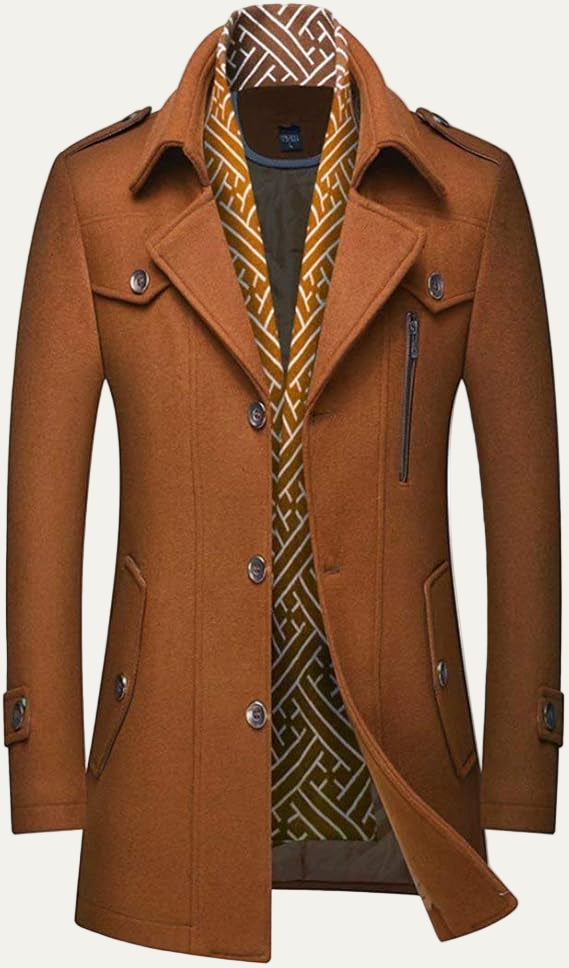 VogeLuxe | Men’s Wool Blend Peacoat with Hidden Bib and Quilted Lining