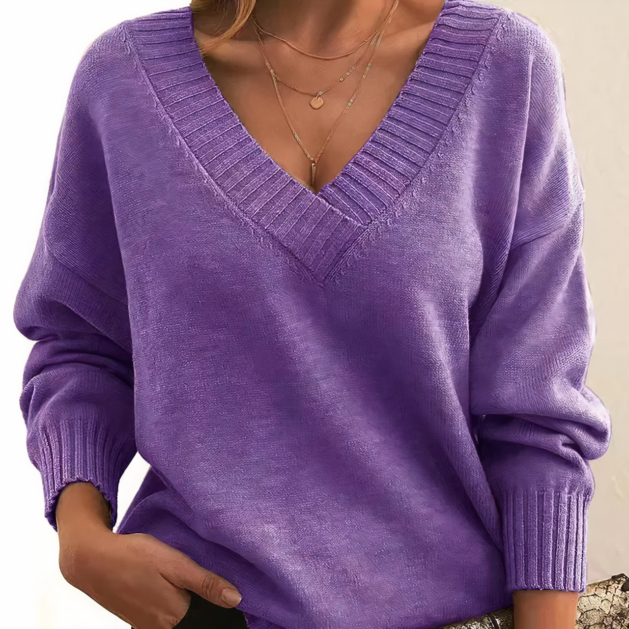 Donna Maglione Classico con Scollo a V e Maniche Lunghe