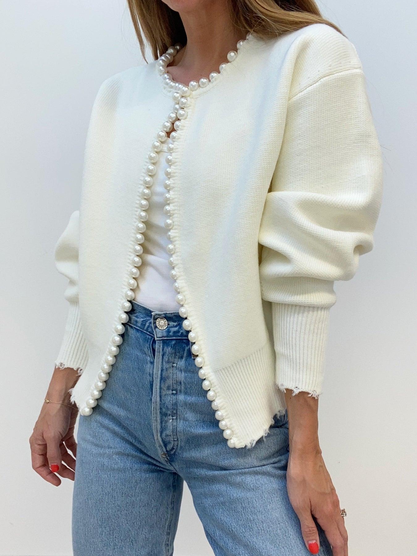 Cozy Winter Ripped Knit Cardigan with Pearls