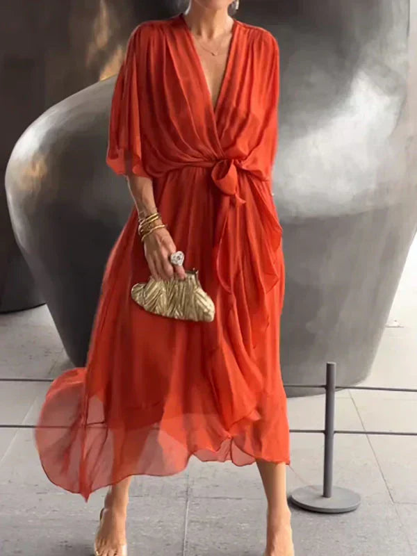 Luxurious V-Neck Silk Dress for Ladies