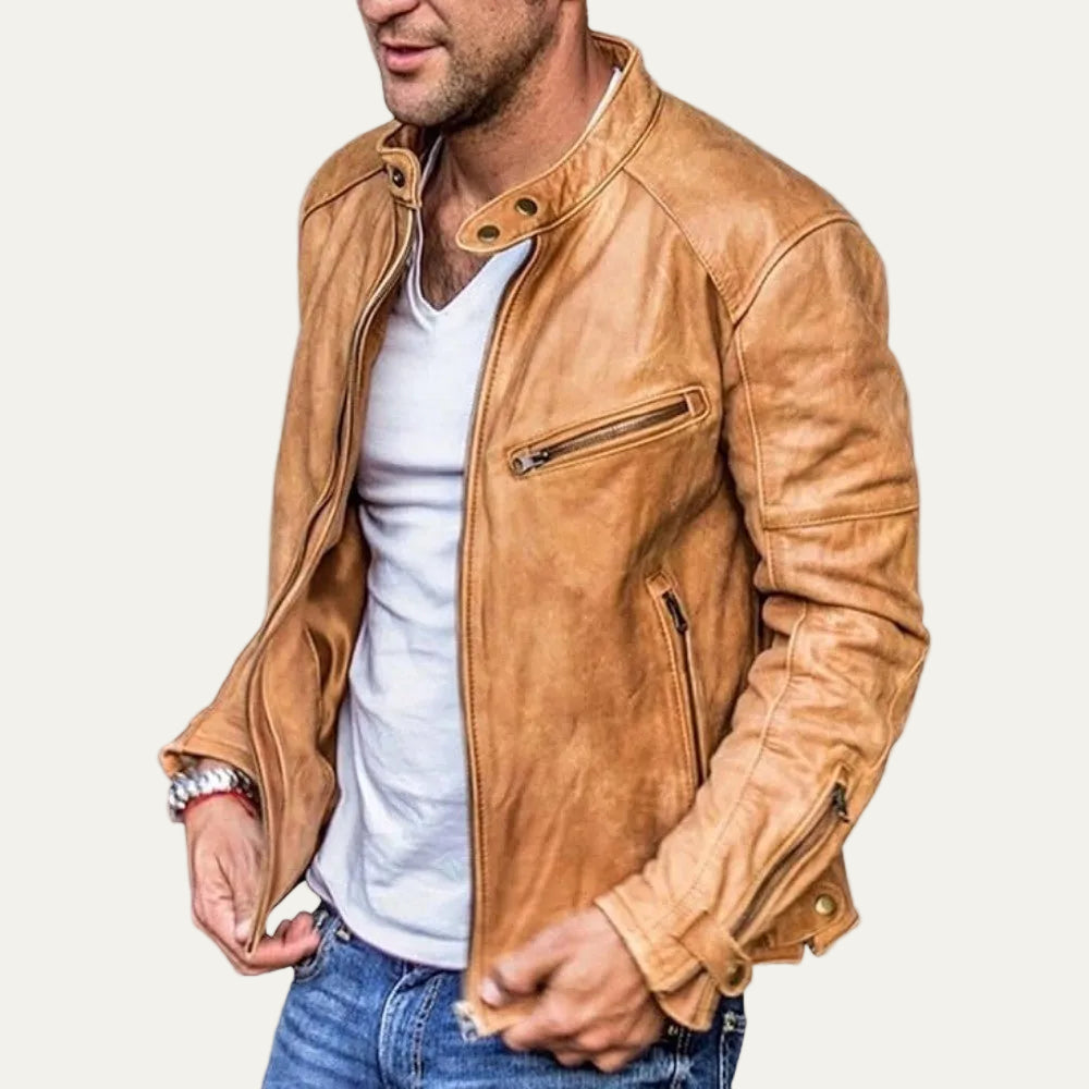 VogeLuxe | Men’s Leather Stand Collar Racer Jacket