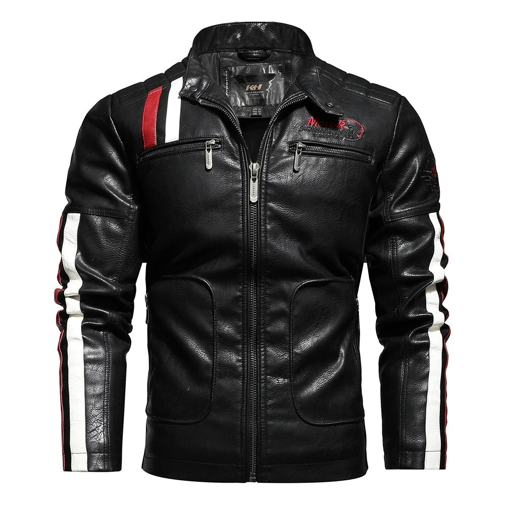 Classic Biker Jacket with Embroidered Design