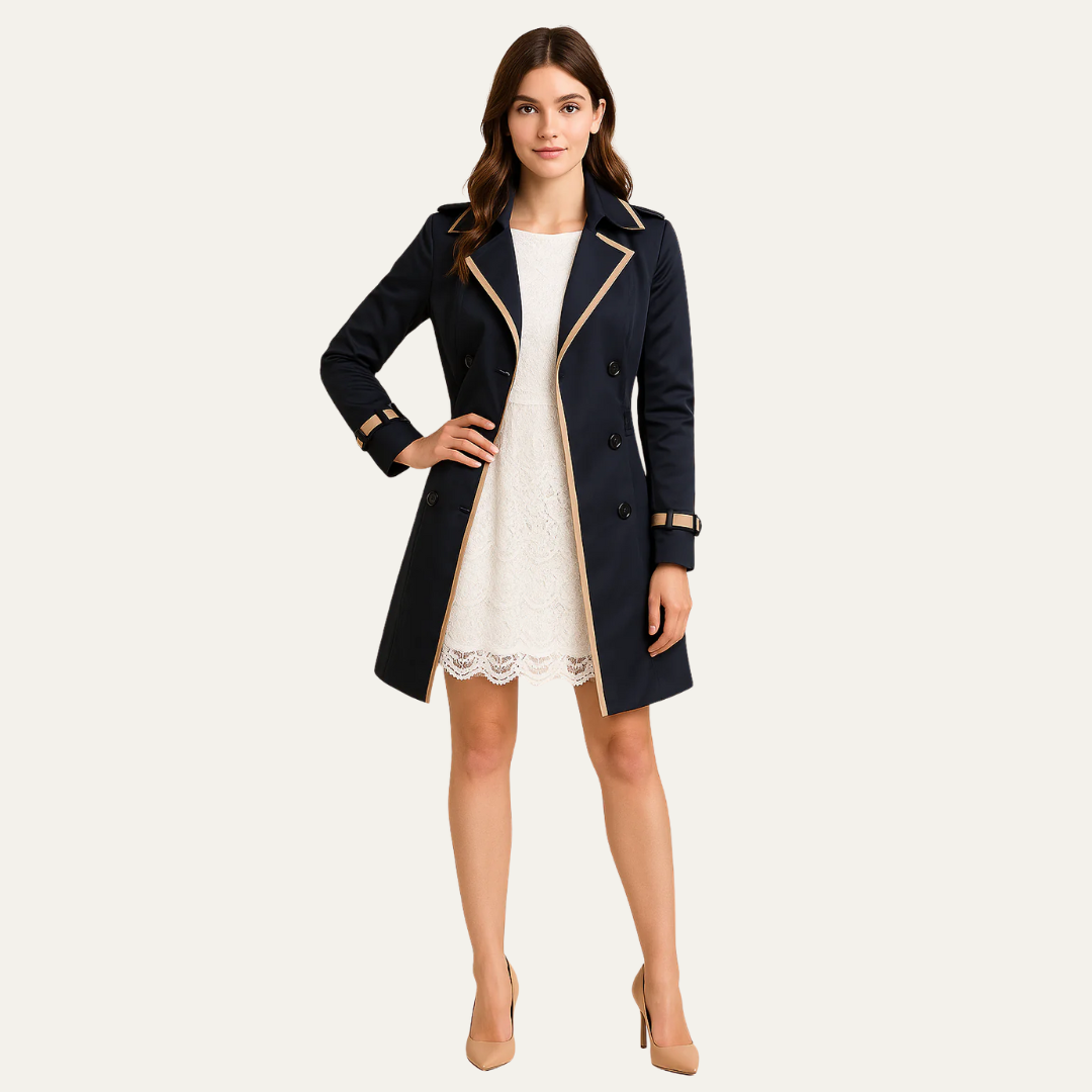 VogeLuxe | Women’s Double Breasted Contrast Trim Trench Coat