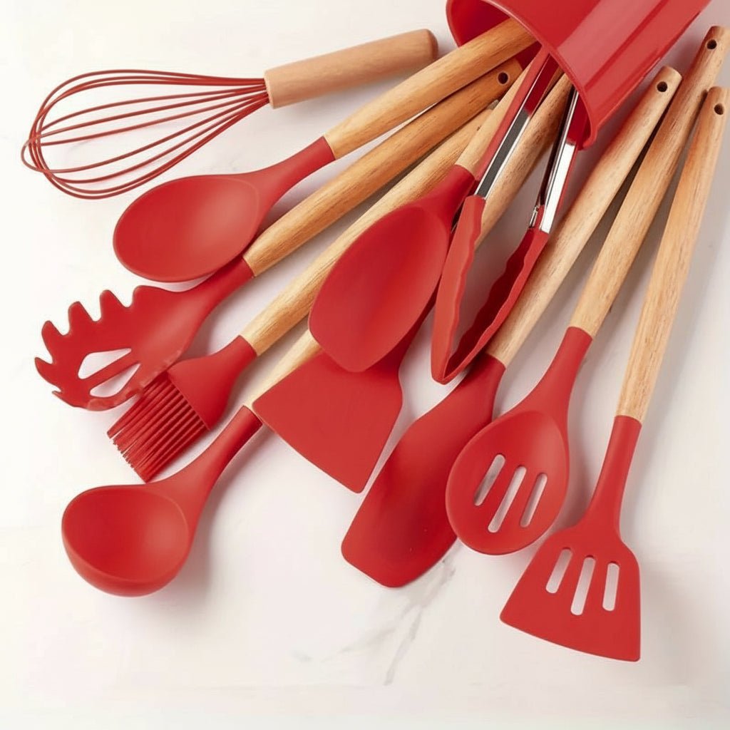 Silicone Kitchen Tool Set with Wooden Grip Handles