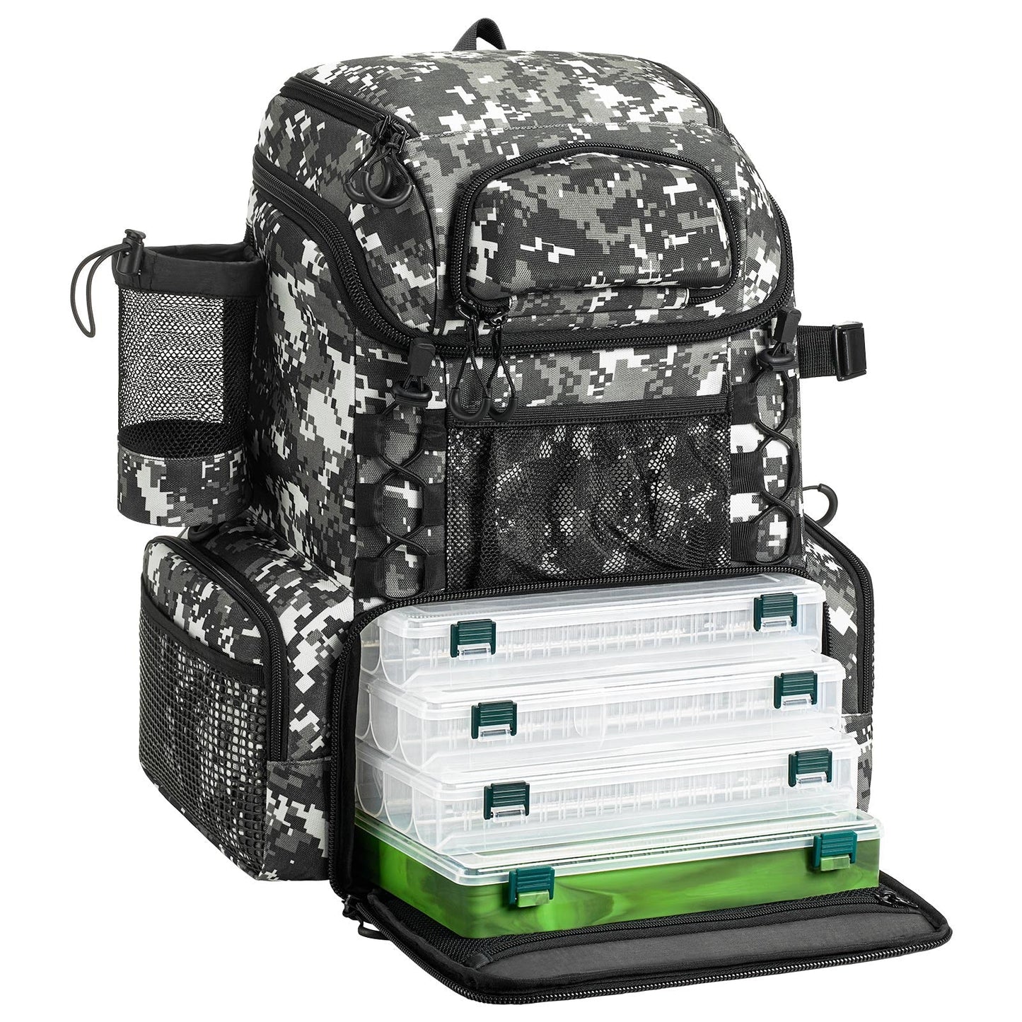 Spacious Fishing Gear Backpack with 4 Tackle Boxes