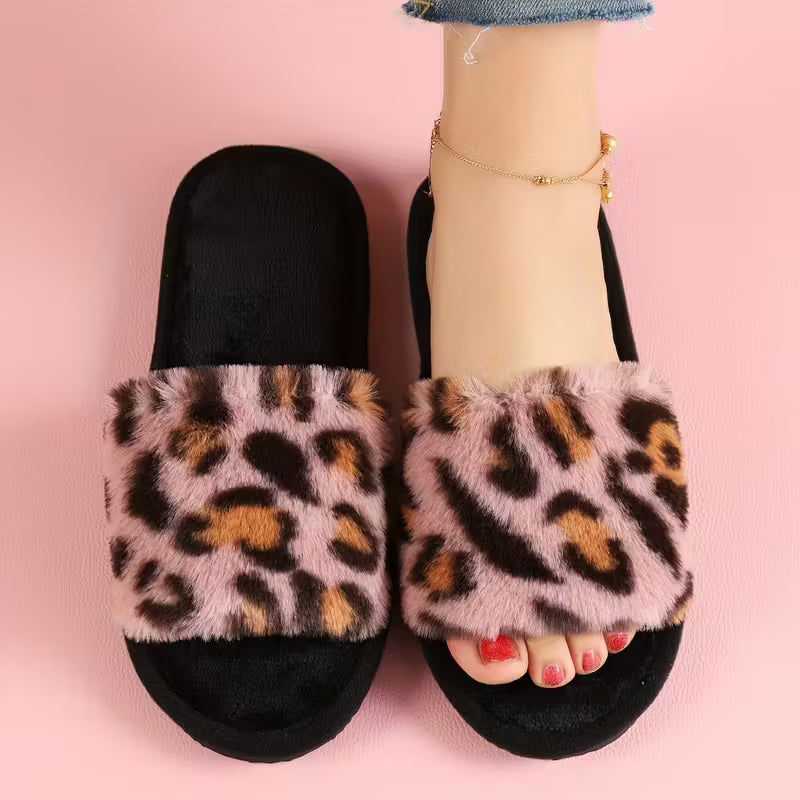 Cozy Faux Fur Leopard House Slippers