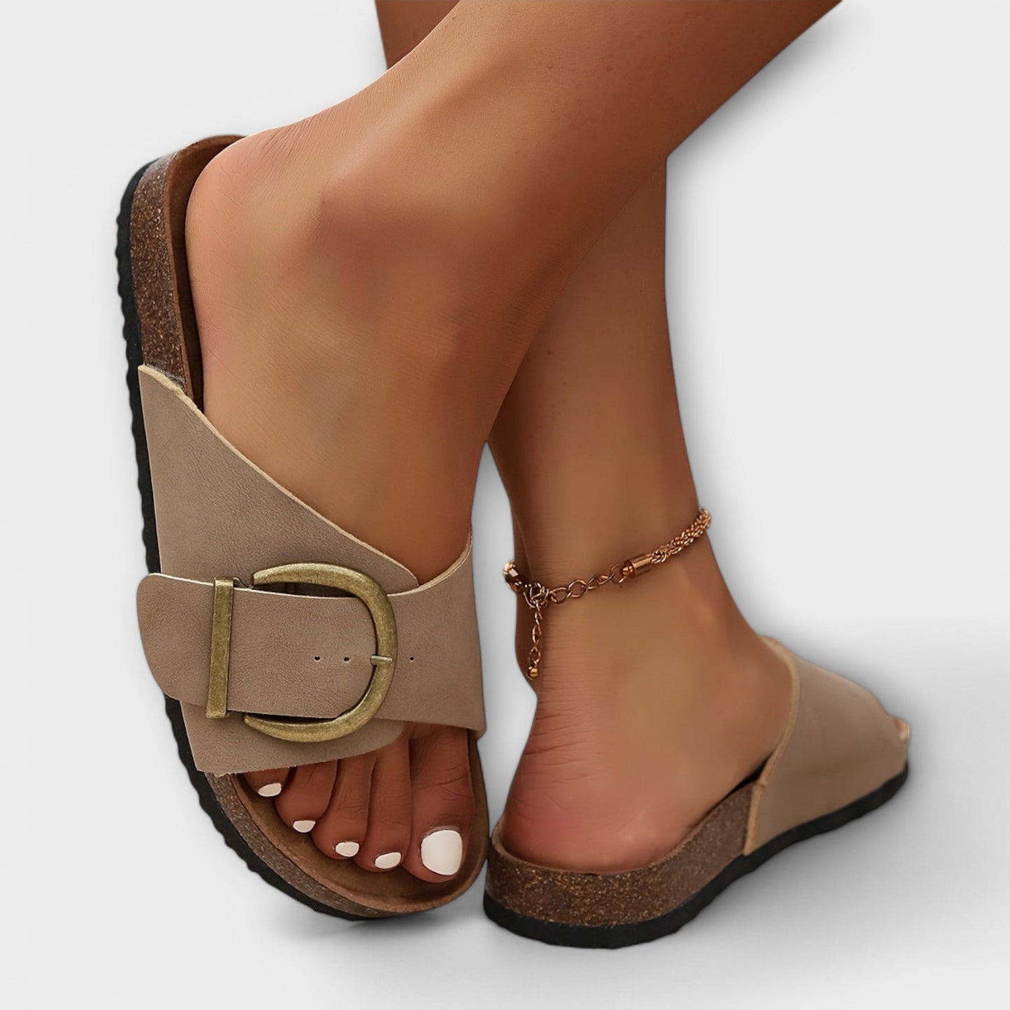 VogeLuxe | Women’s Open Toe Slide Sandals with Cork Footbed Buckle Strap