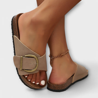 VogeLuxe | Women’s Open Toe Slide Sandals with Cork Footbed Buckle Strap
