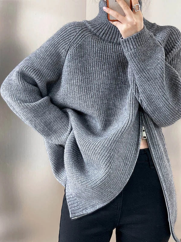 Cozy Women's Oversized Turtleneck Sweater with Zip Detail