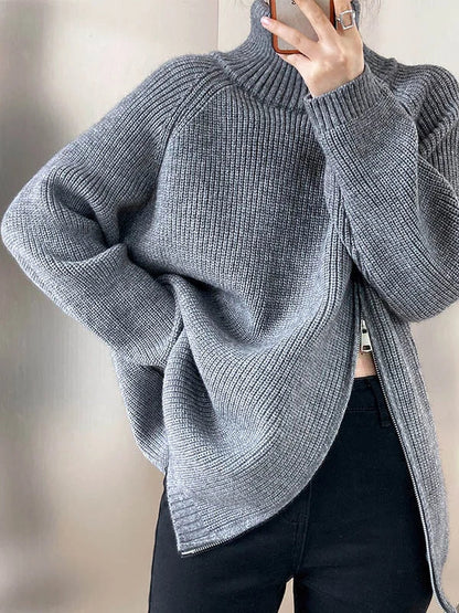 Cozy Women's Oversized Turtleneck Sweater with Zip Detail