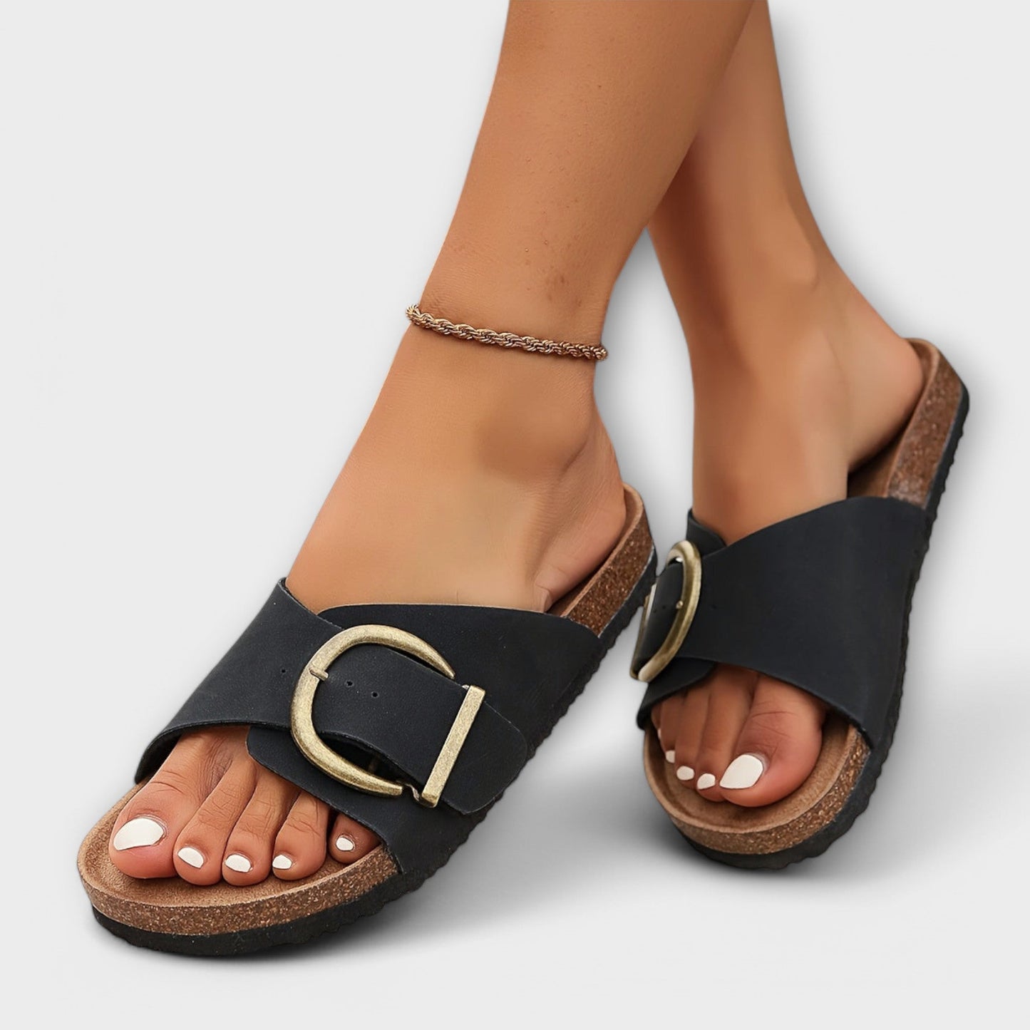 VogeLuxe | Women’s Open Toe Slide Sandals with Cork Footbed Buckle Strap