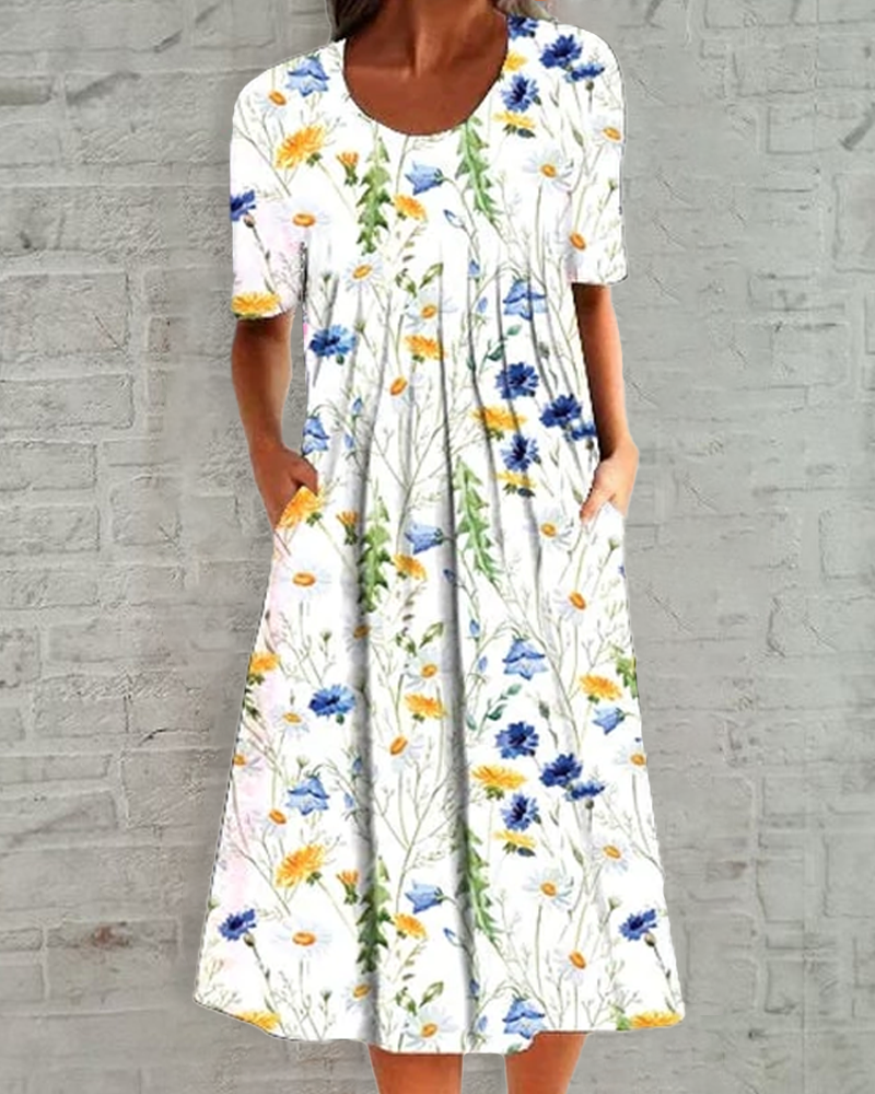 Comfy Summer Floral Round Neck Dress - BritishElegance