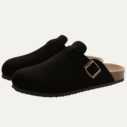 VogeLuxe | Women’s Suede Look Closed Toe Mule with Cork Style Footbed