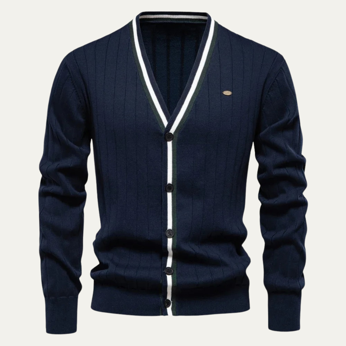 VogeLuxe | Men’s V Neck Rib Knit Cardigan with Striped Trim