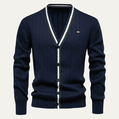 VogeLuxe | Men’s V Neck Rib Knit Cardigan with Striped Trim