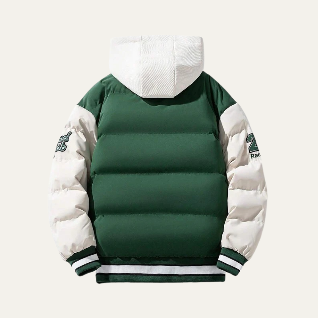 VogeLuxe | Men’s Varsity Style Puffer Jacket with Embroidered Graphics