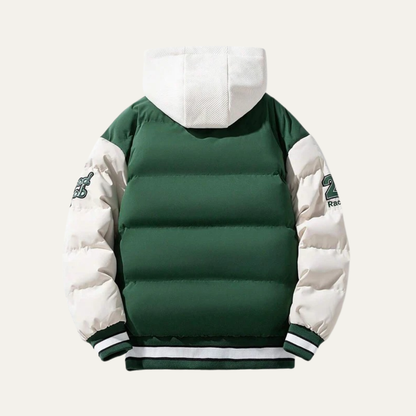 VogeLuxe | Men’s Varsity Style Puffer Jacket with Embroidered Graphics