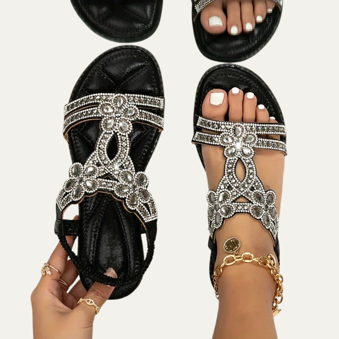 VogeLuxe | Women’s Open Toe Rhinestone T Strap Flat Sandal