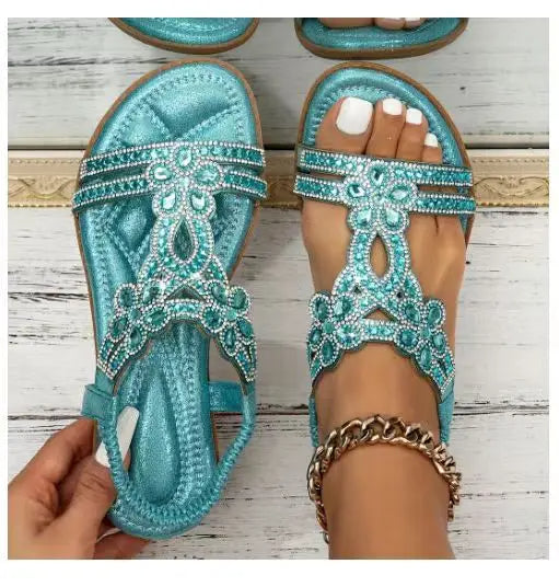 Sparkly Gems Flat Sandals – Chic Summer Toe Strap for Women