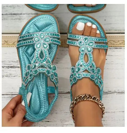 Sparkly Gems Flat Sandals – Chic Summer Toe Strap for Women