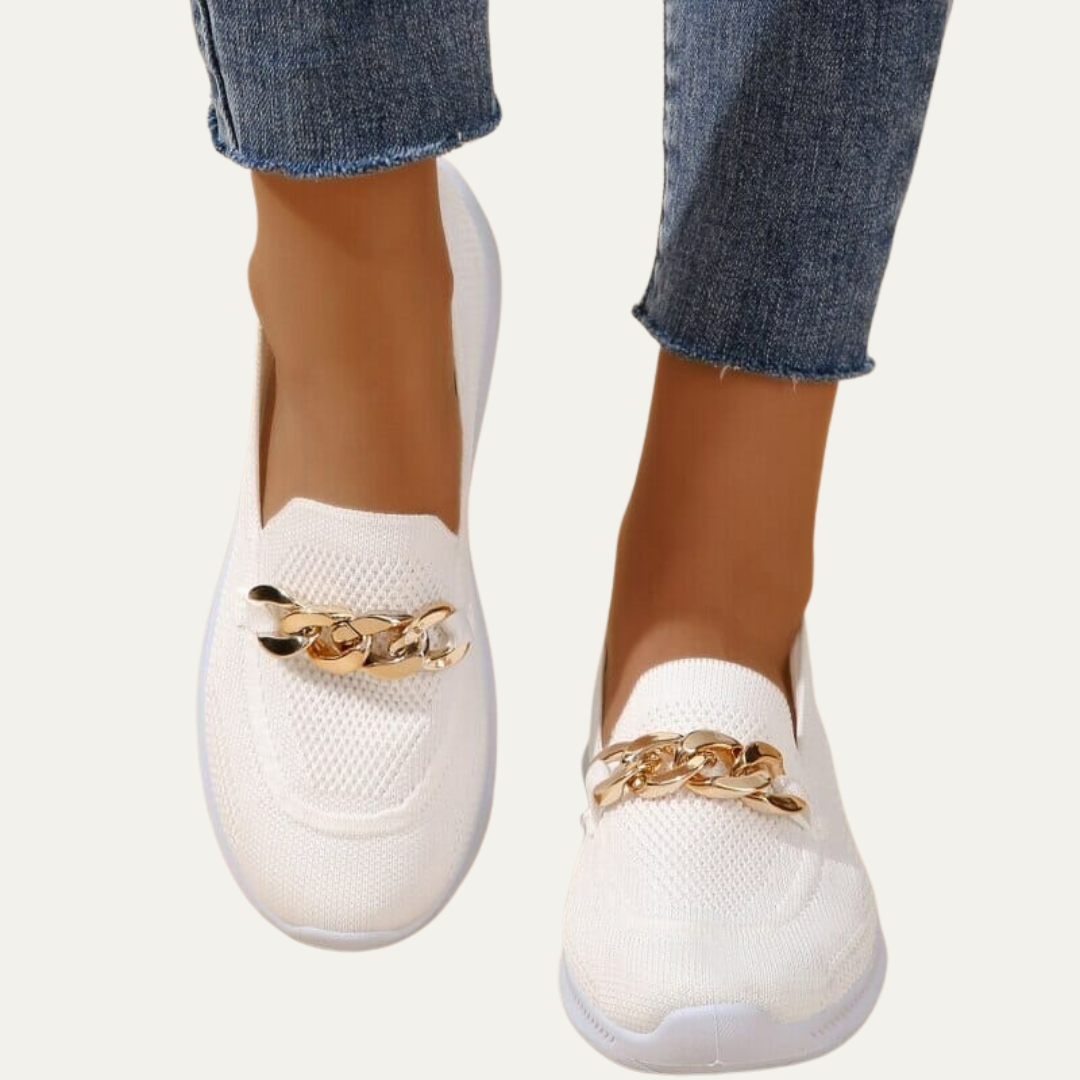VogeLuxe | Women’s Knitted Slip On Loafers with Chain Detail