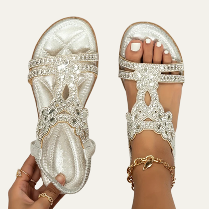 VogeLuxe | Women’s Open Toe Rhinestone T Strap Flat Sandal