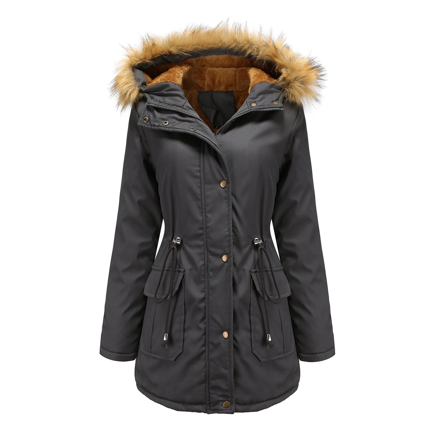Warm Women's Parka Jacket with Fleece and Fur Hood