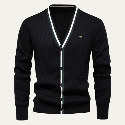 VogeLuxe | Men’s V Neck Rib Knit Cardigan with Striped Trim