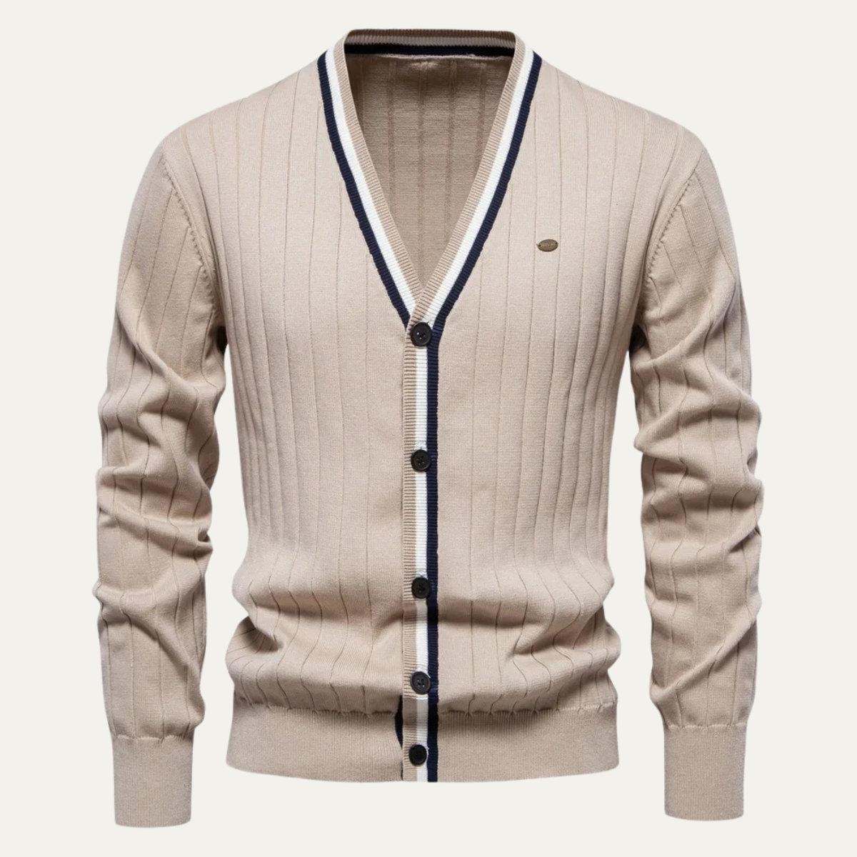 VogeLuxe | Men’s V Neck Rib Knit Cardigan with Striped Trim
