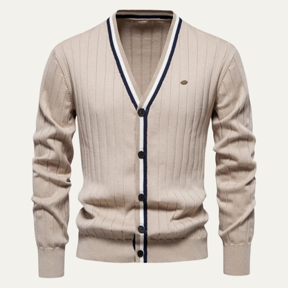 VogeLuxe | Men’s V Neck Rib Knit Cardigan with Striped Trim