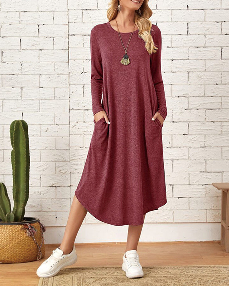 Comfy Women's Midi Dress with Pockets and Long Sleeves