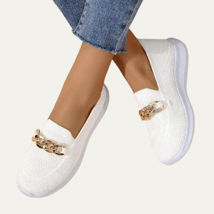 VogeLuxe | Women’s Knitted Slip On Loafers with Chain Detail