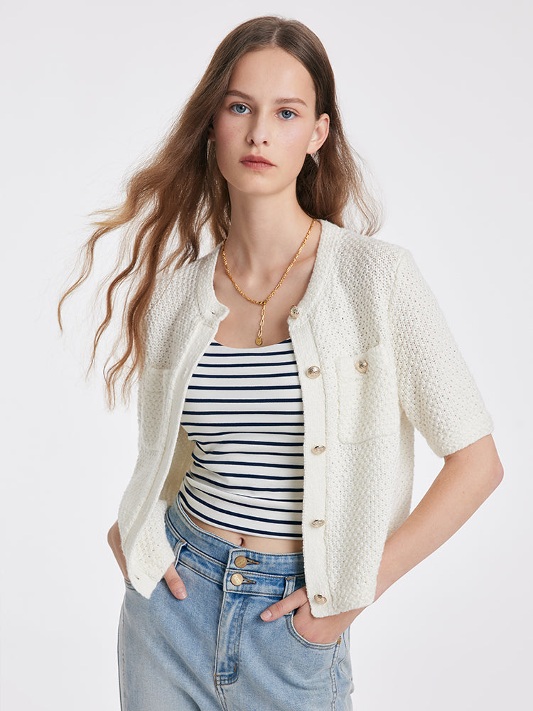 Soft Women's White Cashmere Crew Neck Cardigan - BritishElegance