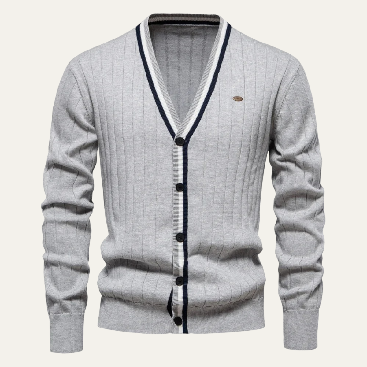 VogeLuxe | Men’s V Neck Rib Knit Cardigan with Striped Trim