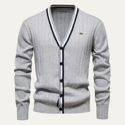 VogeLuxe | Men’s V Neck Rib Knit Cardigan with Striped Trim