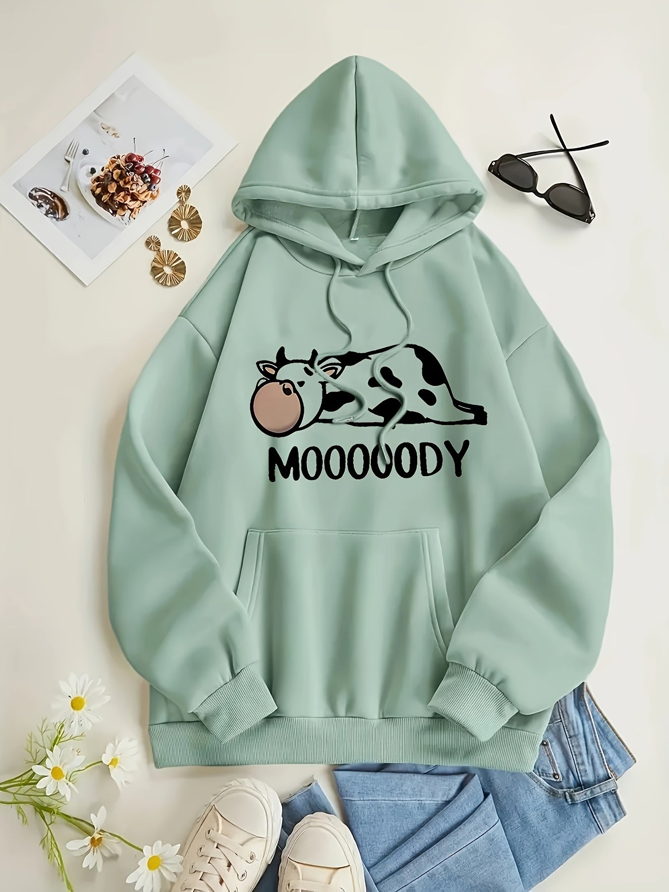 Cozy Women's Loose Fit Hoodie with Animal Print Pocket