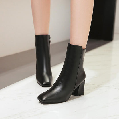 Donna Side Zip Ankle Boots | Women Square Toe Block Heel Boots - VogeLuxe