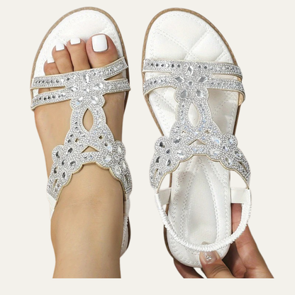 VogeLuxe | Women’s Open Toe Rhinestone T Strap Flat Sandal