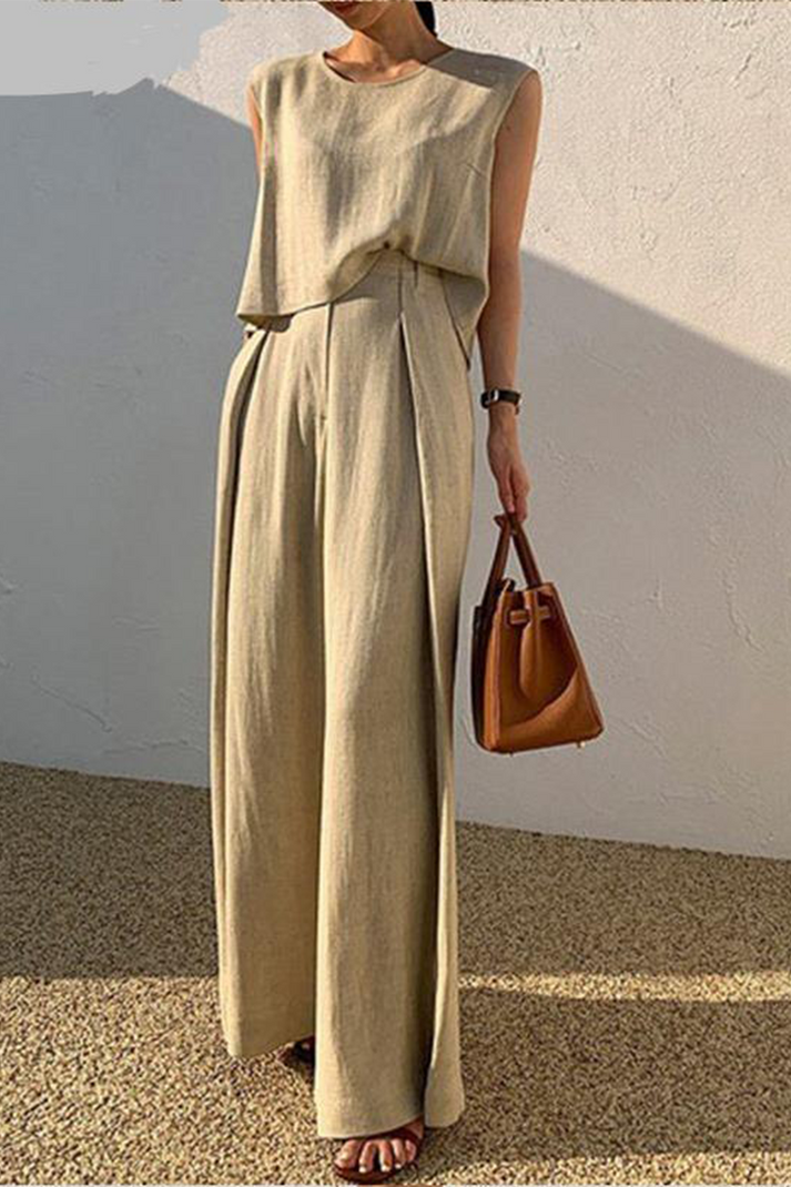 Relaxed Fit Summer Linen Pants and Top Set - VogeLuxe