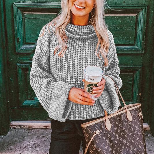 Warm Women's Cozy Crew Neck Sweater with Puffy Sleeves - VogeLuxe