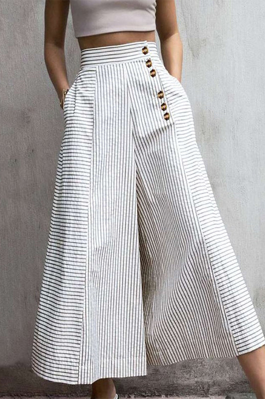 Comfortable High Waisted Cotton Stripe Pants with Pockets - VogeLuxe